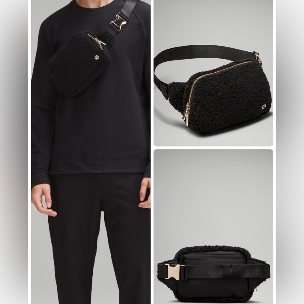 Lululemon Everywhere Black Fleece Belt Bag 2L Gold Tone Metal Hardware Sherpa